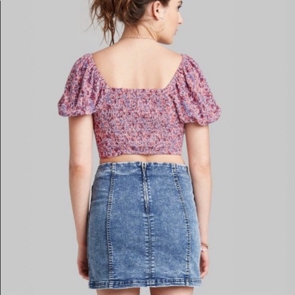 Wild Fable Pink Floral Puff Sleeve Crop Top Tied Front - Picture 2 of 7